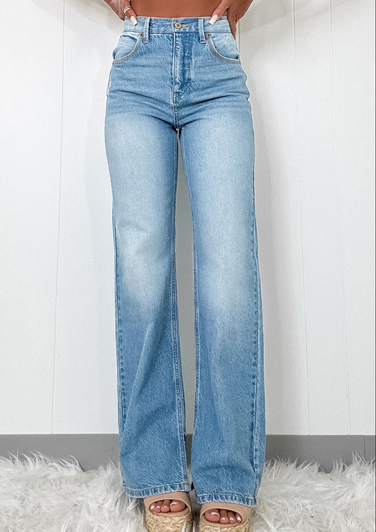 High Rise Straight Leg Side Slit Jeans