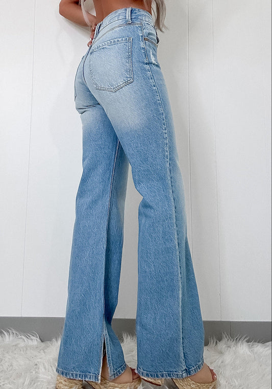 High Rise Straight Leg Side Slit Jeans