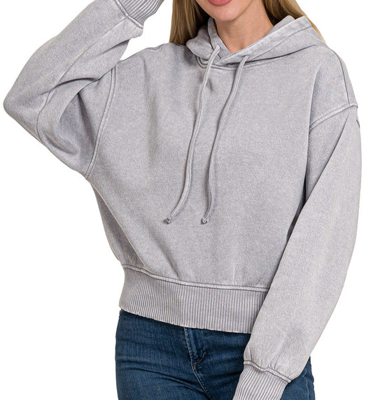 Acid Wash Cropped Hoodie (Sleet)