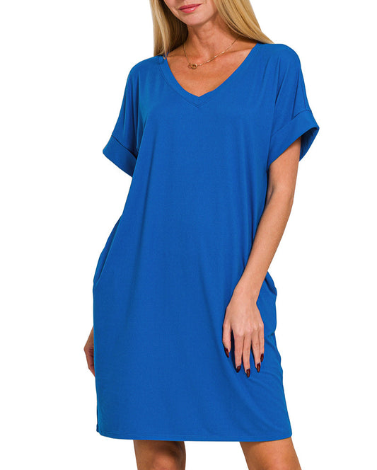 Rolled Short Sleeve Pocket Dress (Bright Blue)