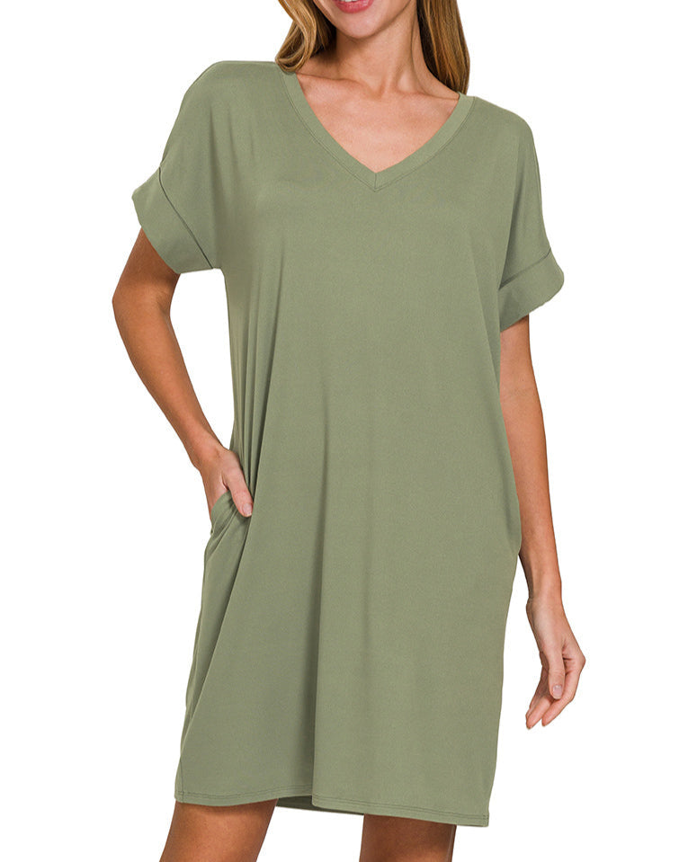 Rolled Short Sleeve Pocket Dress (Olive)