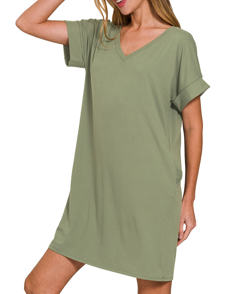 Rolled Short Sleeve Pocket Dress (Olive)