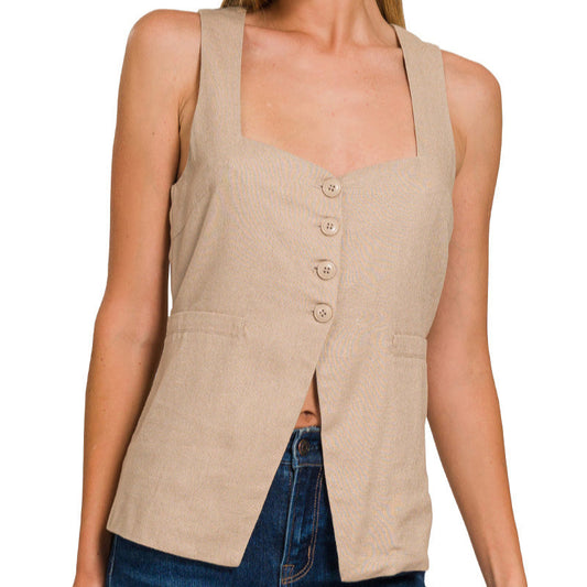 Linen Tie Back Vest (Mocha)