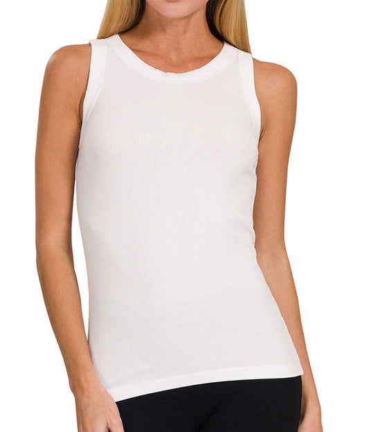 Ribbed Round Neck Tank Top (White)