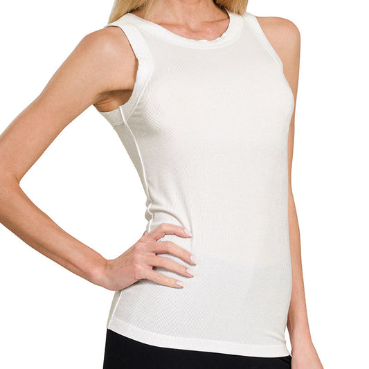 Ribbed Round Neck Tank Top (White)