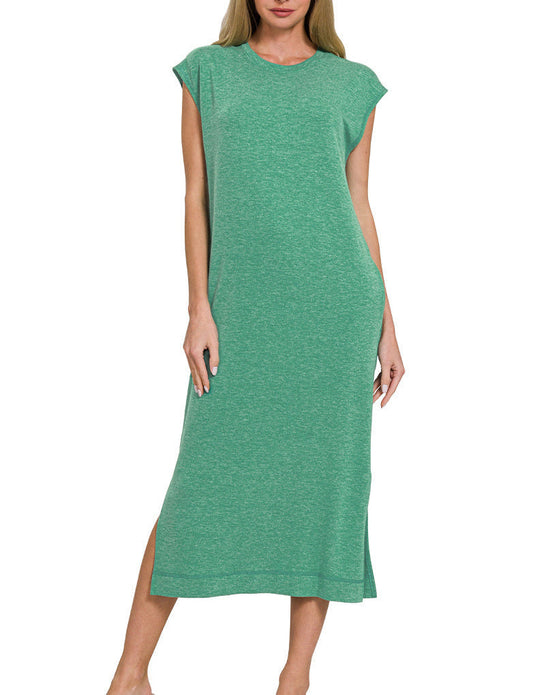 Sleeveless Pocket Midi T-Shirt Dress (Green)