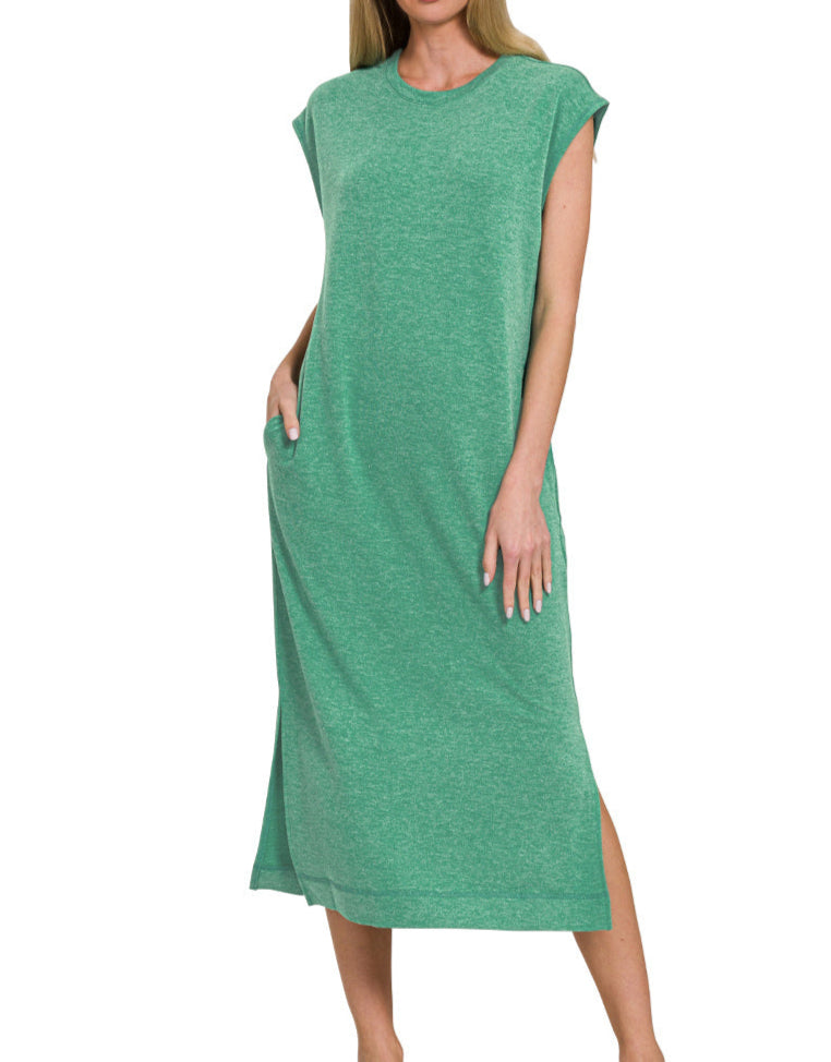 Sleeveless Pocket Midi T-Shirt Dress (Green)