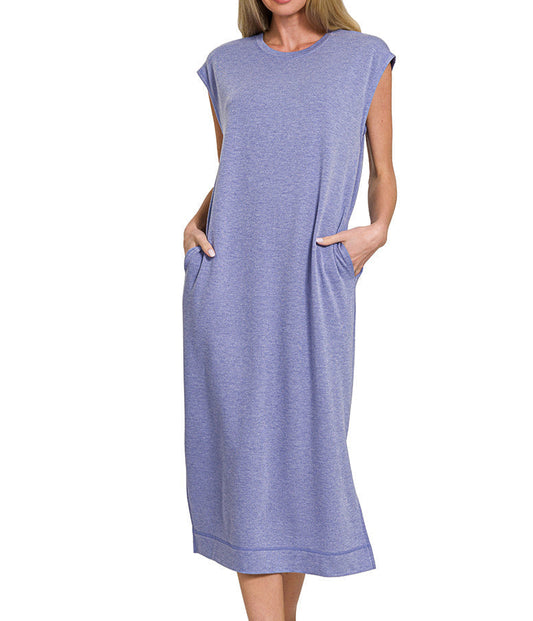 Sleeveless Pocket Midi T-Shirt Dress (Blue)