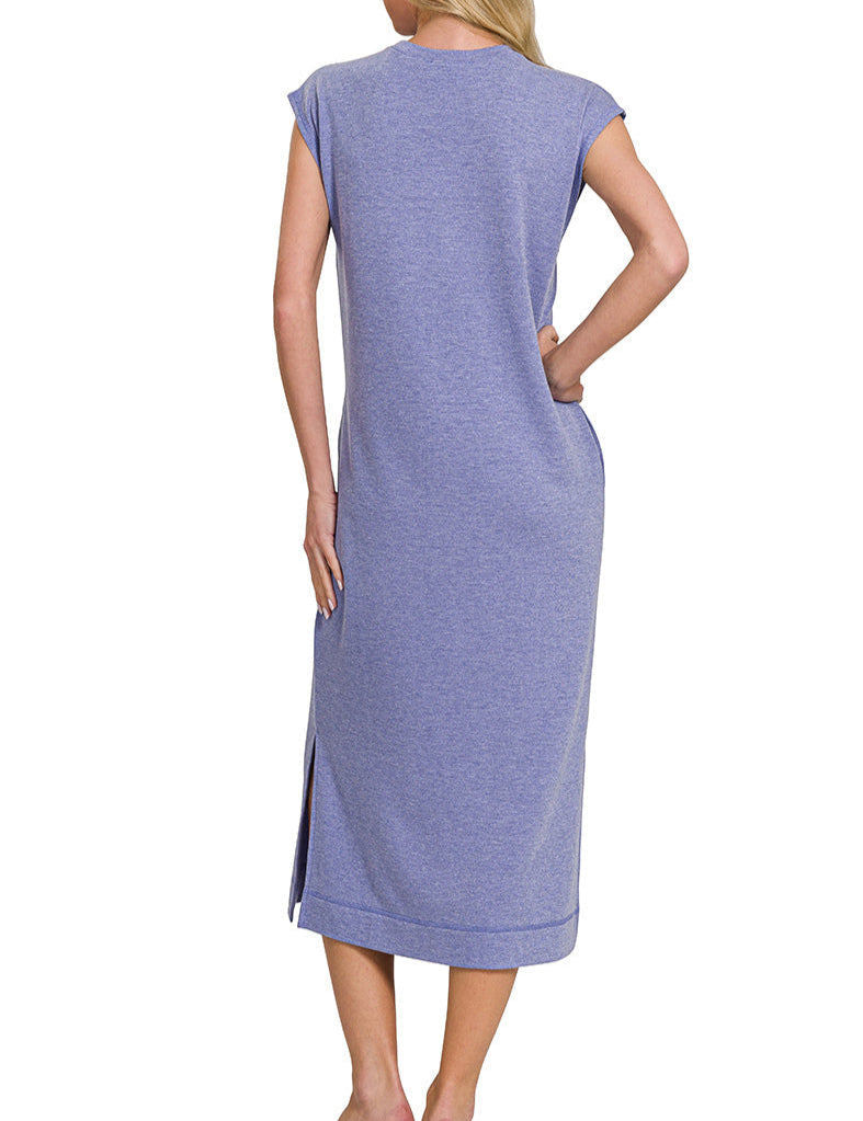 Sleeveless Pocket Midi T-Shirt Dress (Blue)