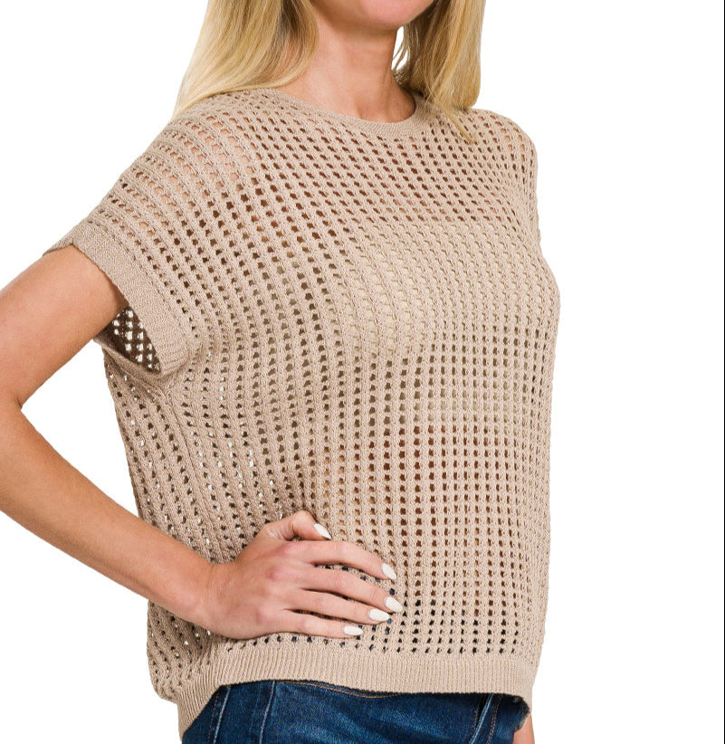 Crochet Knit Sheer Top (Mocha)