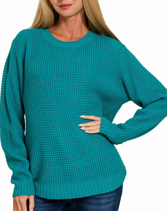 Hi-Low Waffle Knit Sweater (Teal)