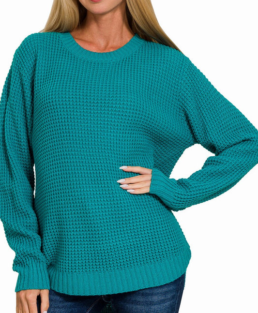 Hi-Low Waffle Knit Sweater (Teal)