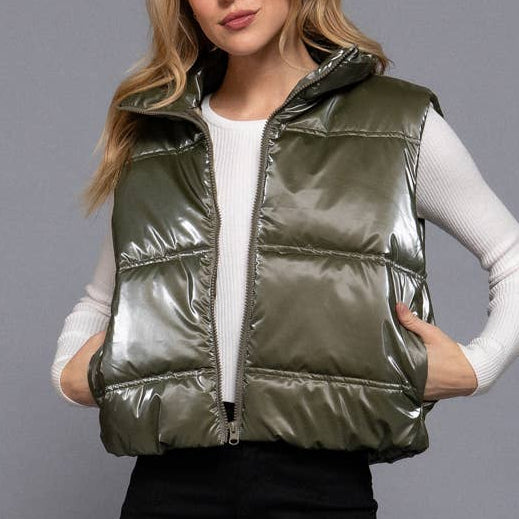 Keep Shining High Neck Zip Up Vest (Olive)