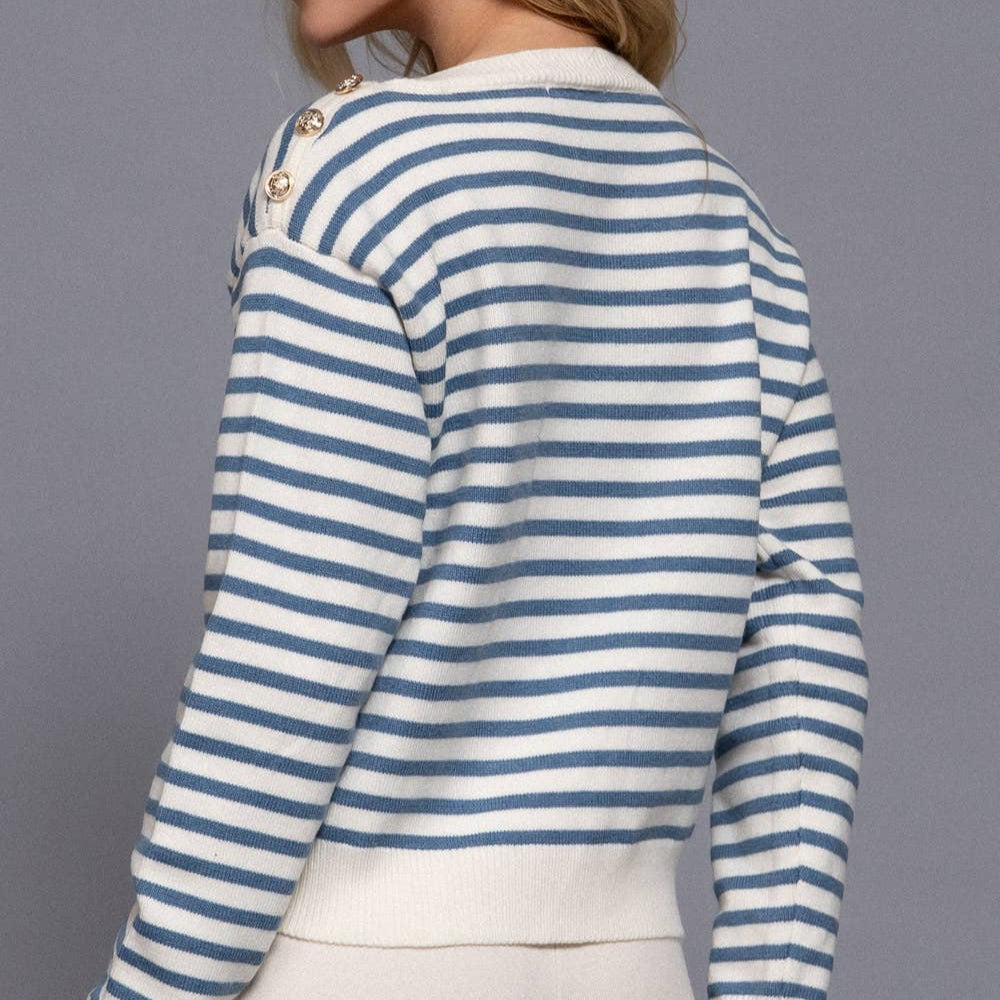 Buttoned Shoulder Stripe Sweater