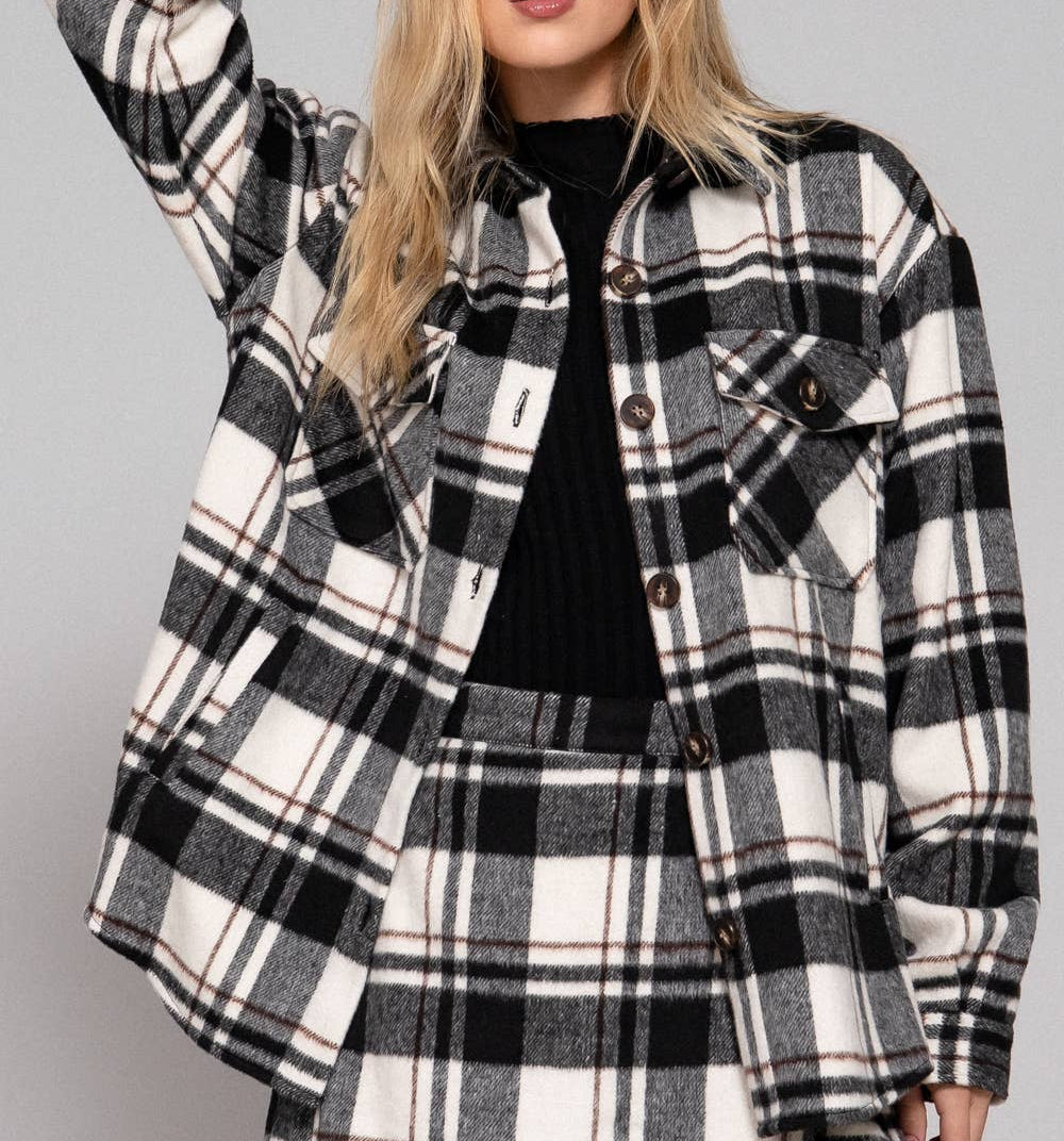 Sawyer Plaid Button Down Shacket (Black/White)