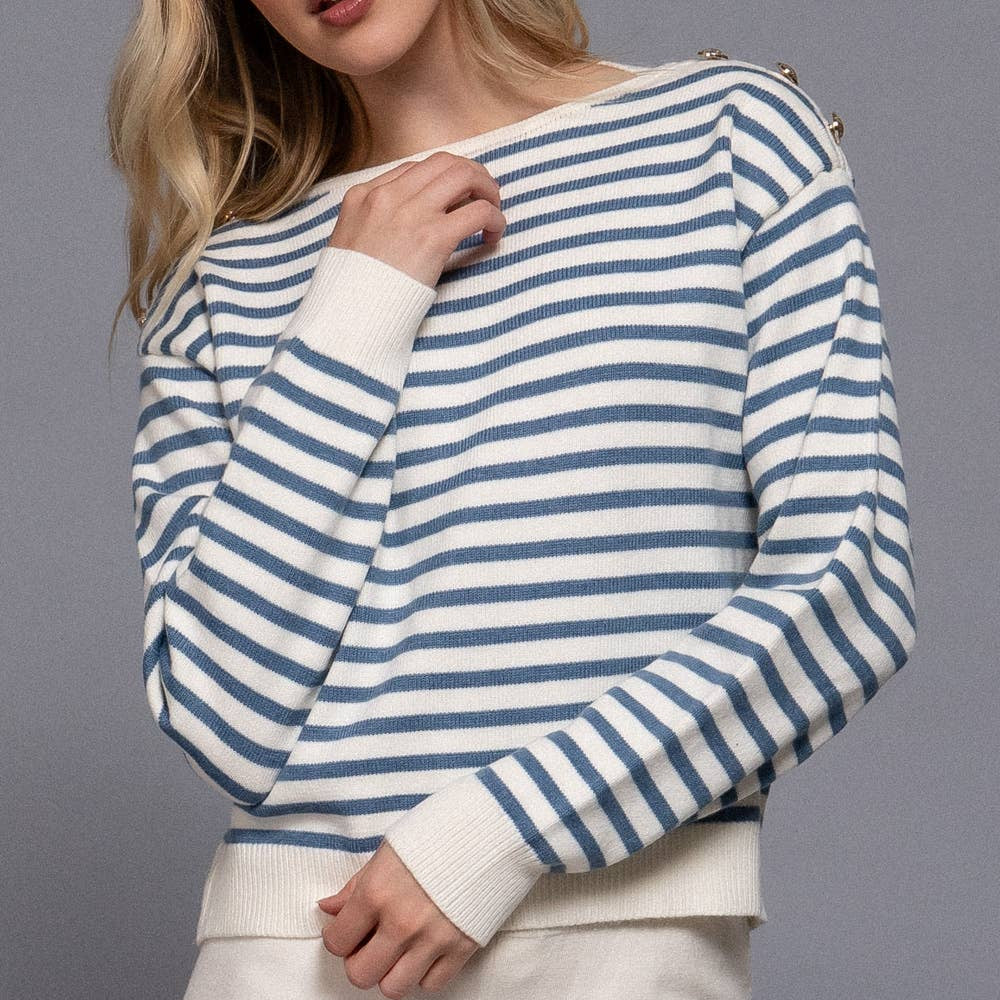 Buttoned Shoulder Stripe Sweater