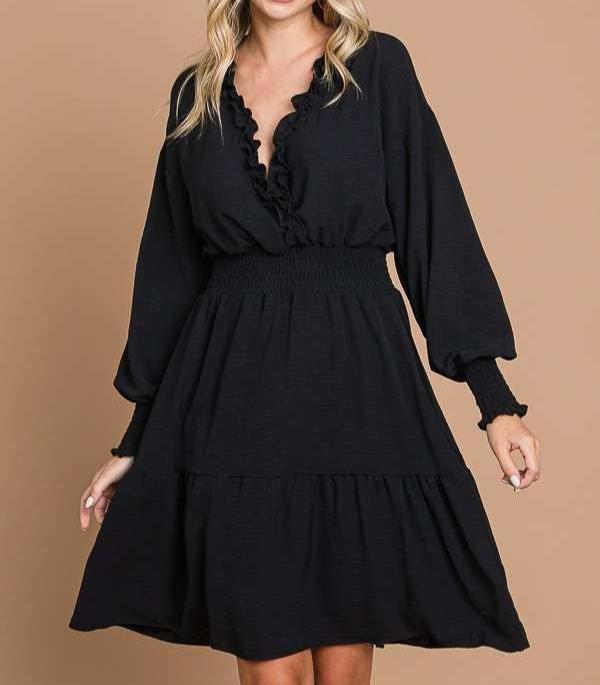 V-Neck Ruffle Trim Dress (Black)