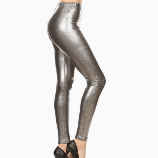 High Waist Silver Metallic Leggings - SALE