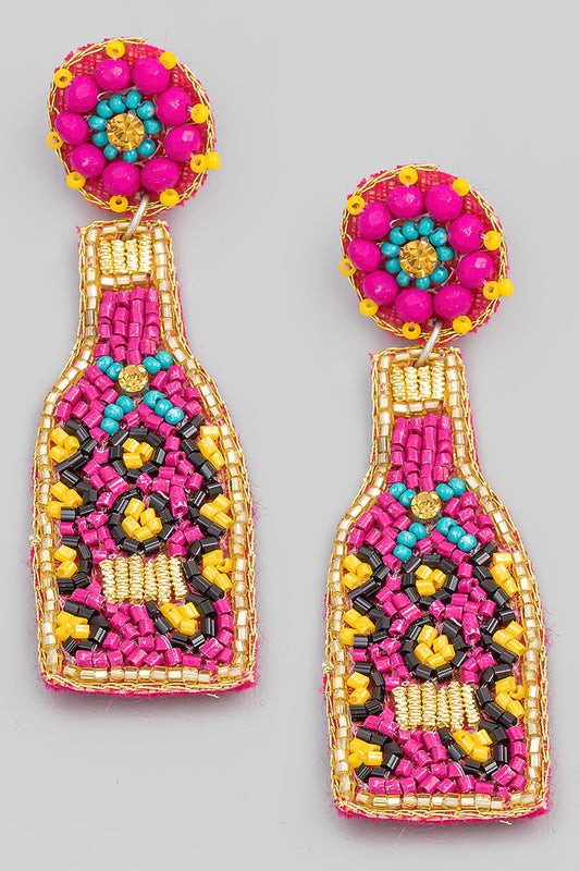 Pink Wine Bottle Beaded Earrings